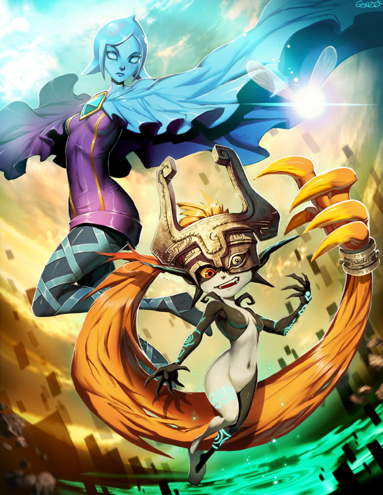 blue_hair, blue_skin, breasts, cape, fang, fi, genzoman, helmet