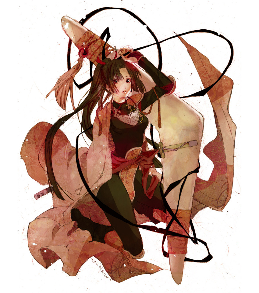 armor, artist_request, boomerang, brown_hair, dated, highres, hiraikotsu, inuyasha, japanese_clothes, katana, mask, ponytail, sango, signature, solo, sword, weapon, yuhka