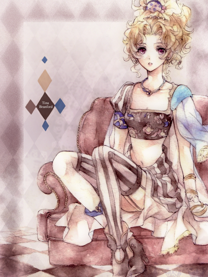 armchair, asymmetrical_clothes, asymmetrical_clothing, cape, earrings, final_fantasy, final_fantasy_vi, graphite_(medium), green_eyes, green_hair, hair_ornament, high_heels, jewelry, lips, mochineko, navel, necklace, open_mouth, ponytail, shoes, solo, thigh-highs, thighhighs, tina_branford, traditional_media, vertical-striped_legwear, vertical_stripes, watercolor_(medium)