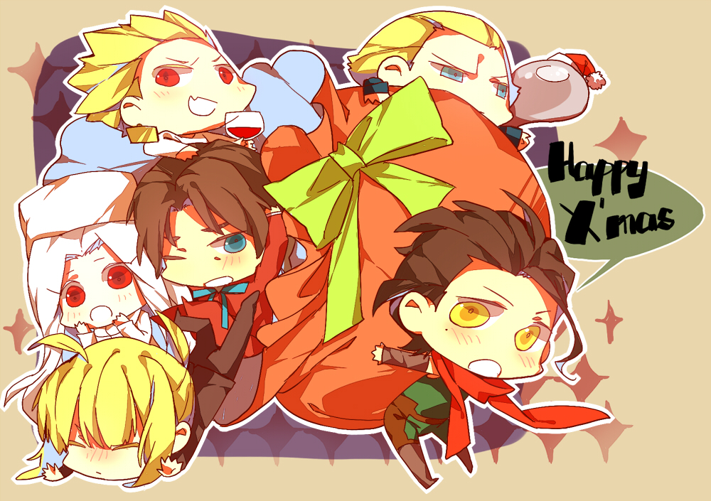 4boys, ahoge, bag, chibi, christmas, cup, fate/stay_night, fate/zero