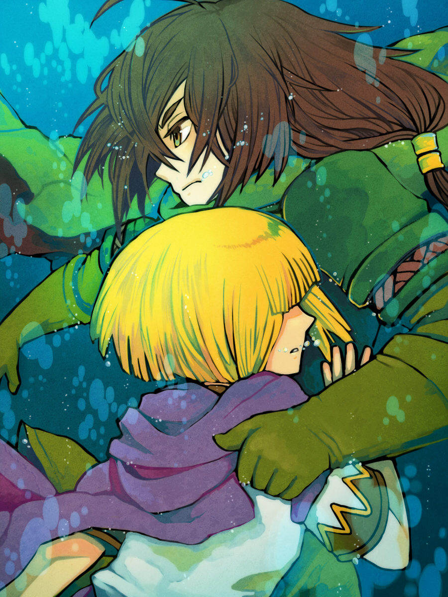 1girl, ahoge, arm_grab, arm_holding, blonde_hair, brown_eyes, bubble, cape