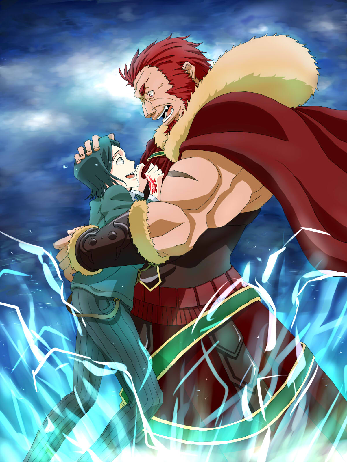 2boys, armor, beard, bob_cut, cape, command_spell, electricity, facial_hair, fate/stay_night, fate/zero, fate_(series), green_eyes, green_hair, highres, hug, maguronnbiba, male, multiple_boys, necktie, petting, red_eyes, red_hair, redhead, rider_(fate/zero), short_hair, tears, waver_velvet