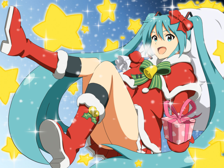 aqua_eyes, aqua_hair, art_shift, bell, boots, bow, christmas, earmuffs