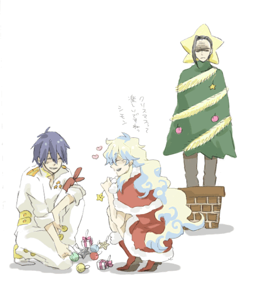 1girl, 2boys, christmas, christmas_tree, couple, multiple_boys, nia_teppelin, ornaments