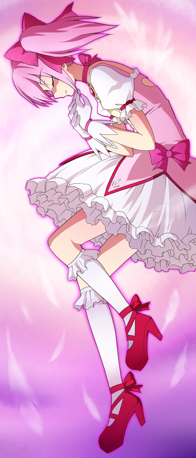 bubble_skirt, closed_eyes, eyes_closed, frills, gloves, high_heels, highres, kaname_madoka, long_image, magical_girl, mahou_shoujo_madoka_magica, neck_ribbon, parody, pink_background, pink_hair, ribbon, shoes, short_hair, solo, sorairo_days, tall_image, tengen_toppa_gurren_lagann, white_gloves, zeroemon