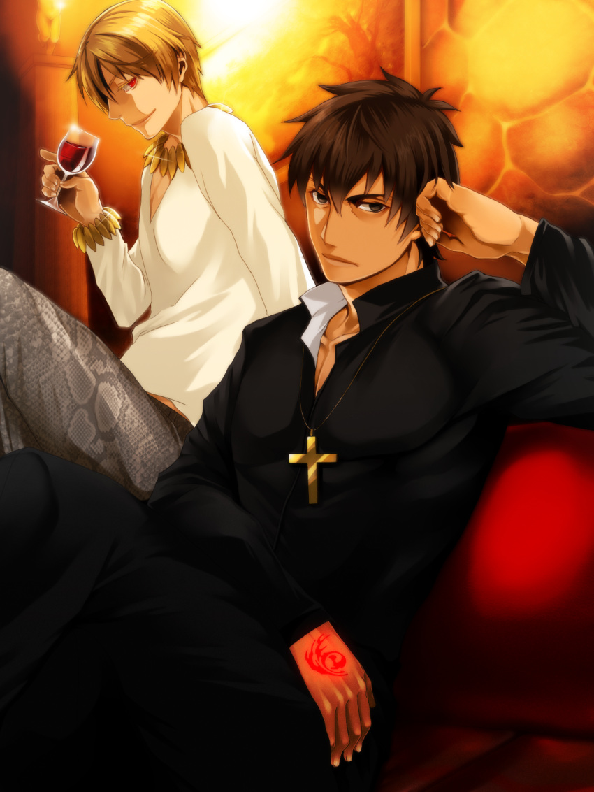blonde_hair, bracelet, brown_eyes, brown_hair, casual, command_spell, cross, cup
