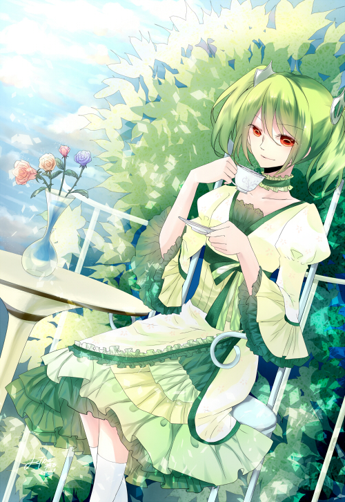 bad_id, cup, dress, dutch_angle, flower, footwear, green_dam, green_hair, hair_ornament, lethe_wakako, os, os-tan, prince_airo, red_eyes, sitting, socks, solo, table, teacup, twintails, vase, white_legwear