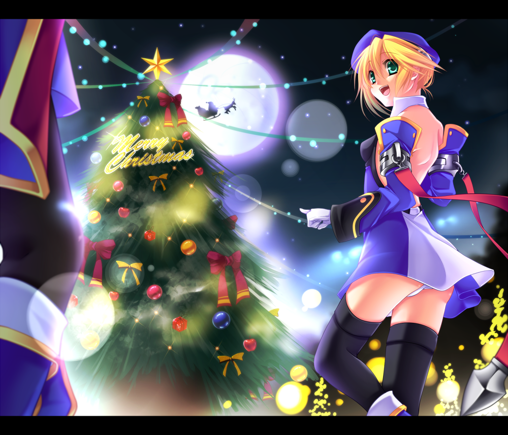 blazblue, blonde_hair, christmas, detached_sleeves, full_moon, gloves, green_eyes, hat