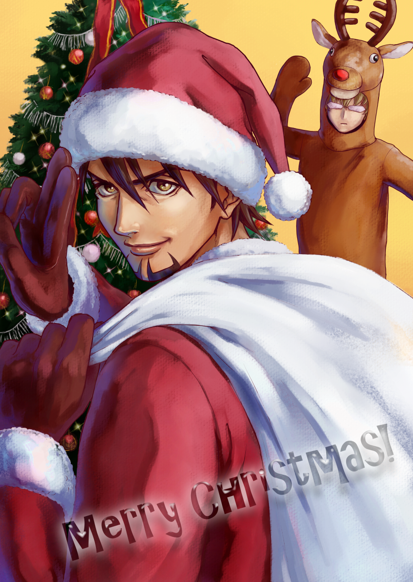 animal_costume, antlers, barnaby_brooks_jr, bibirii, blonde_hair, brown_eyes, brown_hair, christmas, christmas_tree, facial_hair, glasses, gloves, hat, highres, kaburagi_t_kotetsu, male, merry_christmas, multiple_boys, narcissusid, reindeer_costume, sack, santa_costume, santa_hat, short_hair, stubble, tiger_&amp;_bunny, waving