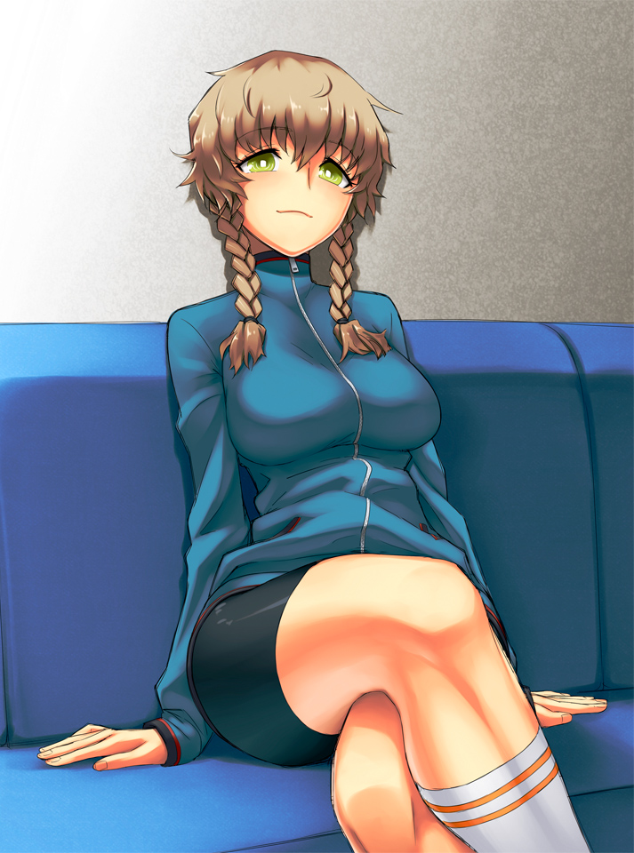 bad_id, bike_shorts, braid, brown_hair, crossed_legs, footwear, gonoike_biwa, jacket