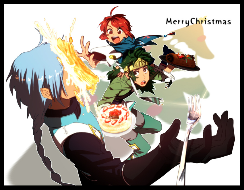 armor, blue_hair, cake, christmas, christmass, food, fork, fruit