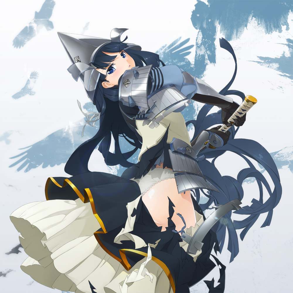 armor, armored_dress, belt_(artist), black_hair, blue_eyes, gloves, helmet, katana