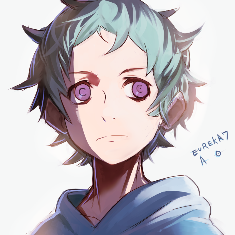 ao_fukai, aqua_hair, character_request, eureka_7, eureka_7_ao, eureka_seven, eureka_seven_(series), eureka_seven_ao, face, fukai_ao, hajime_(hajime-ill-1st), male, portrait, purple_eyes, solo, violet_eyes