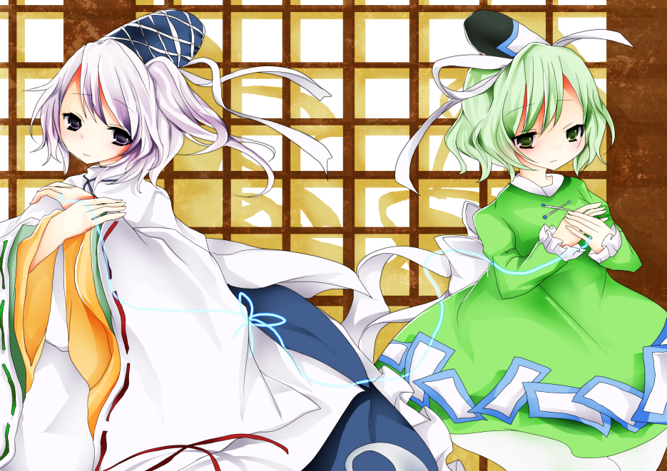 2girls, blue_eyes, green_eyes, green_hair, japanese_clothes, kotokura_imu, mononobe_no_futo, multiple_girls