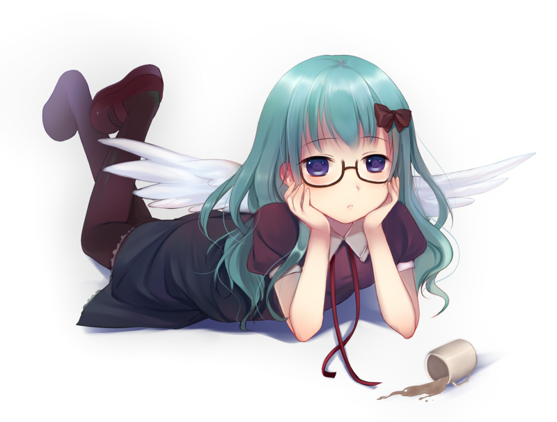 aqua_hair, bad_id, black_legwear, blue_eyes, bow, cup, feathered_wings, frown