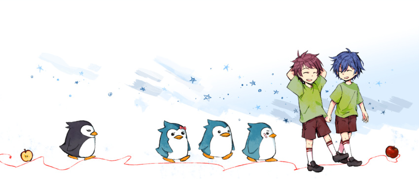 apple, bad_id, bird, blue_hair, child, closed_eyes, esmeralda_(mawaru_penguindrum), eyes_closed