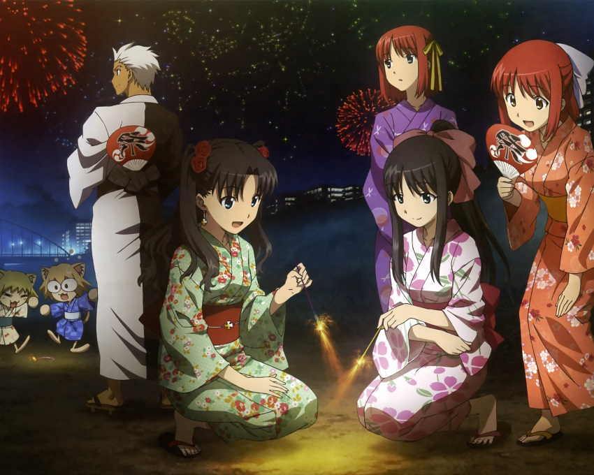 1boy, 6+girls, :3, animal_ears, archer, black_hair, blue_eyes, brown_eyes