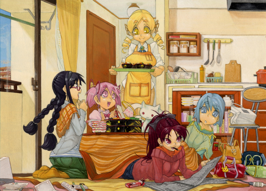 acrylic_paint_(medium), akemi_homura, alternate_costume, apron, bad_id, bag, black_hair, blonde_hair, blue_eyes, blue_hair, bow, braid, casual, colored_pencil_(medium), denim, dress_shirt, drill_hair, everyone, food, glasses, hair_bow, happy, indoors, kaname_madoka, kotatsu, kyubey, living_room, long_hair, lying, mahou_shoujo_madoka_magica, manuke0726, miki_sayaka, mouth_hold, multiple_girls, newspaper, on_stomach, open_mouth, orange_legwear, pink, pink_eyes, pocky, ponytail, purple_eyes, red_eyes, red_hair, redhead, sakura_kyouko, school_bag, shawl, shirt, sitting, sleeves_rolled_up, smile, standing, striped, striped_shirt, sweater_vest, table, tomoe_mami, traditional_media, tray, twin_braids, twin_drills, twintails, under_kotatsu, under_table, violet_eyes, wii, wii_remote, yellow_eyes