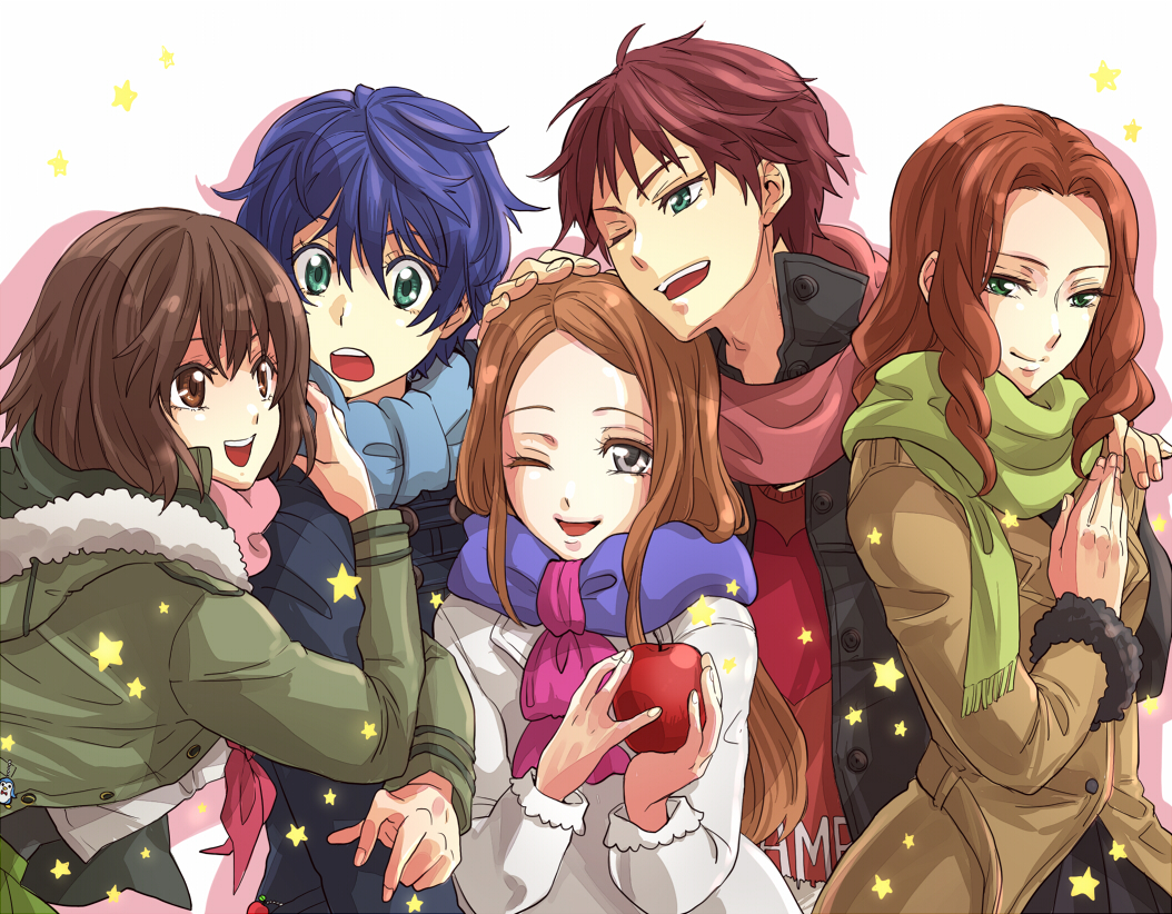 3girls, apple, arm_hug, bird, blue_hair, brown_eyes, brown_hair, casual, couple, food, fruit, green_eyes, grey_eyes, holding, holding_apple, holding_fruit, jacket, mawaru_penguindrum, multiple_boys, multiple_girls, natsume_masako, oginome_ringo, open_mouth, penguin, red_hair, redhead, scarf, school_uniform, serafuku, short_hair, smile, takakura_himari, takakura_kanba, takakura_shouma, tsukasa_(mooncry)