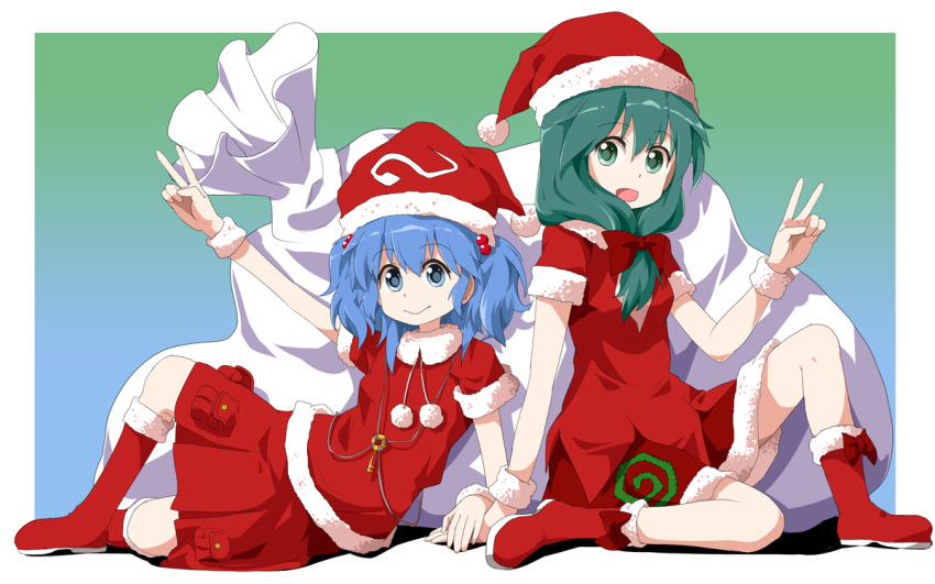 adapted_costume, bag, blue_eyes, blue_hair, boots, bow, dress, green_eyes