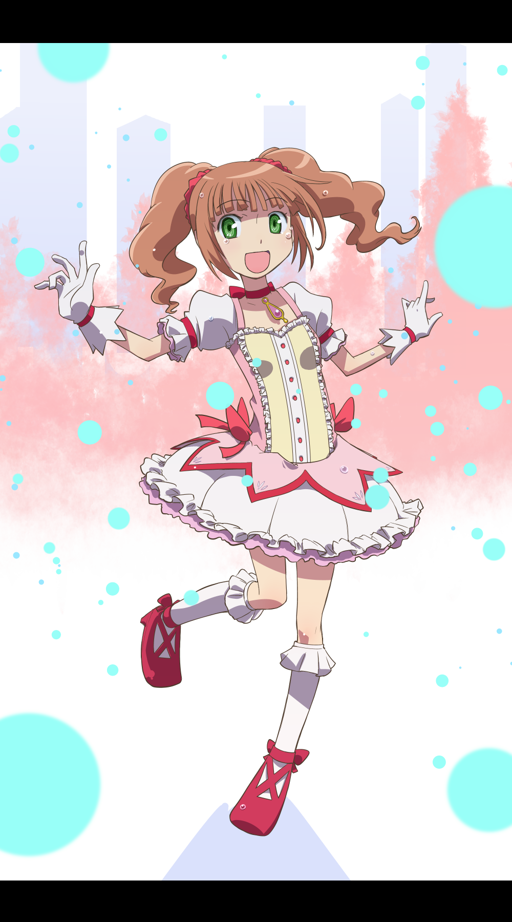 brown_hair, cosplay, gloves, green_eyes, highres, idolmaster, kaname_madoka, kaname_madoka_(cosplay), letterboxed, mahou_shoujo_madoka_magica, momojiri_tarou, smile, solo, takatsuki_yayoi, twintails