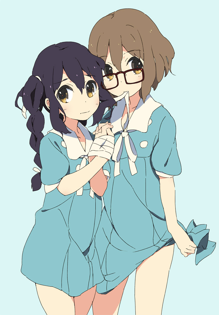 bandage, bandages, black_hair, blue_background, braid, brown_eyes, brown_hair, glasses