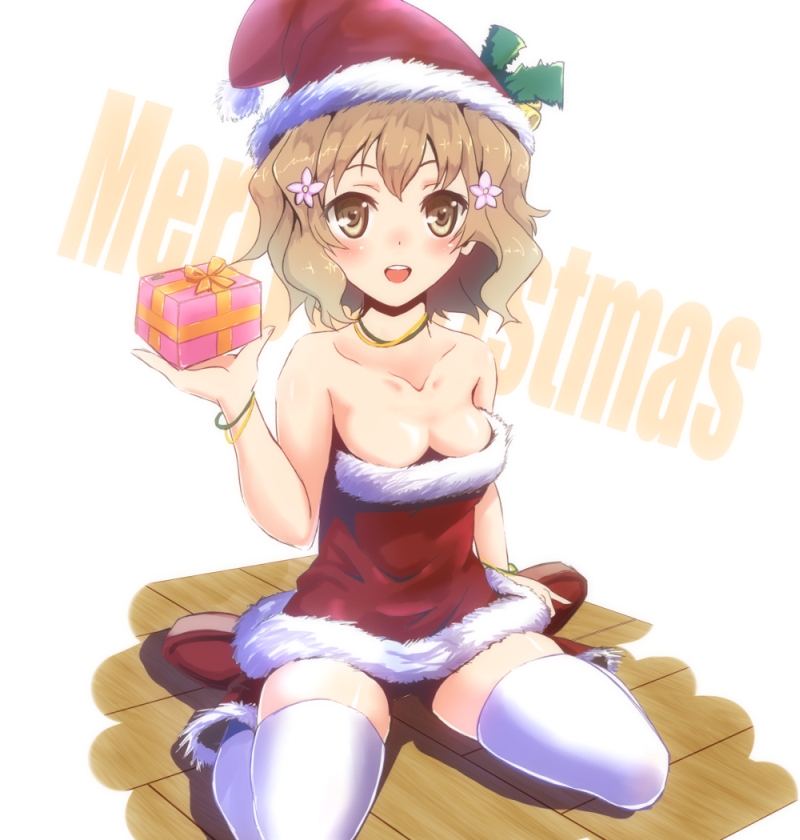 bare_shoulders, bell, blush, boots, borubikku, bracelet, breasts, brown_eyes, brown_hair, christmas, cleavage, collarbone, flower, gift, hair_flower, hair_ornament, hanasaku_iroha, hat, holding, holding_gift, jewelry, large_breasts, looking_at_viewer, matsumae_ohana, merry_christmas, necklace, open_mouth, santa_hat, sitting, solo, thigh-highs, thighhighs, wariza, white_legwear