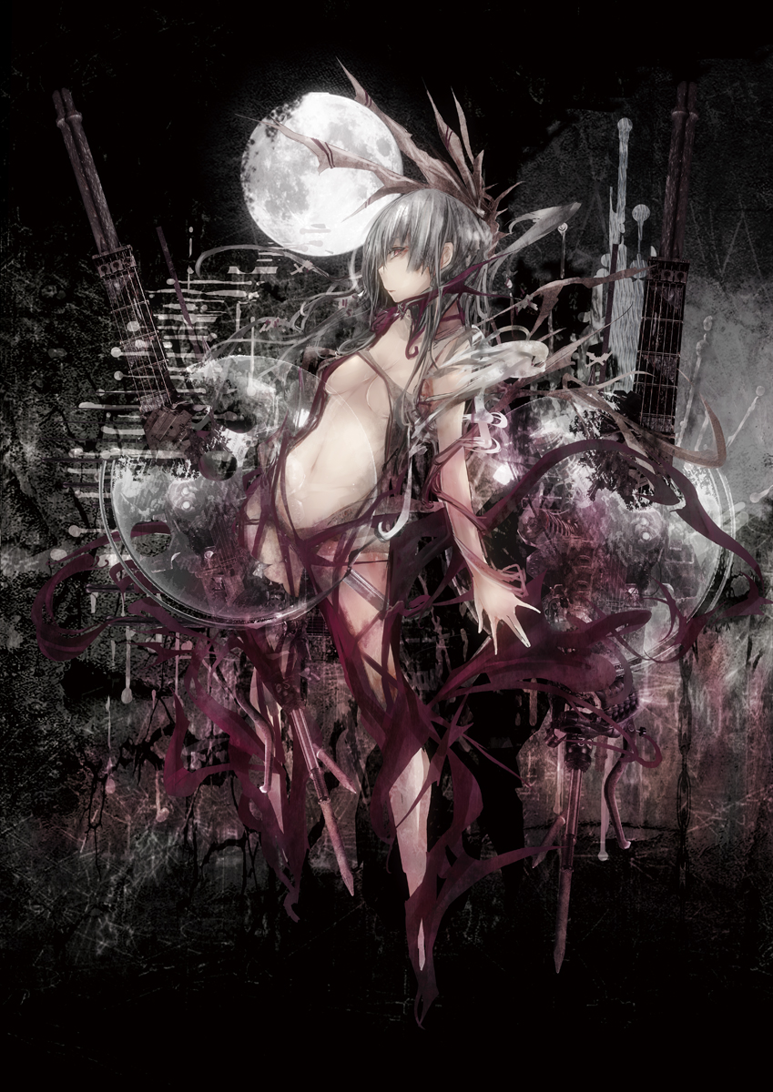 absolute_cleavage, album_cover, breasts, cover, fujiwara_no_mokou, full_moon, hair_ribbon, highres