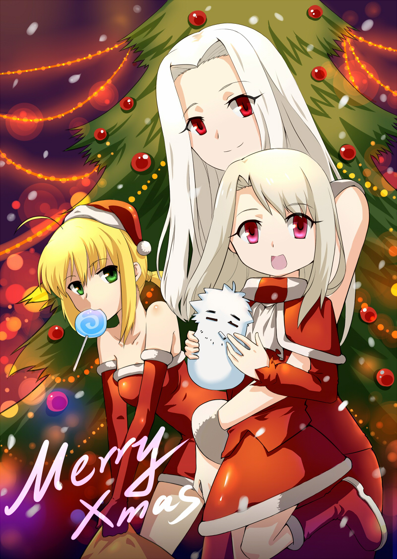 =_=, age_difference, ahoge, bare_shoulders, blonde_hair, boots, candy, christmas, christmas_ornaments, christmas_tree, cigarette, elbow_gloves, fate/stay_night, fate/zero, fate_(series), gloves, green_eyes, hat, illyasviel_von_einzbern, irisviel_von_einzbern, lollipop, long_hair, mother_and_daughter, multiple_girls, red_eyes, saber, santa_costume, santa_hat, snowman, swirl_lollipop, vlan, white_hair