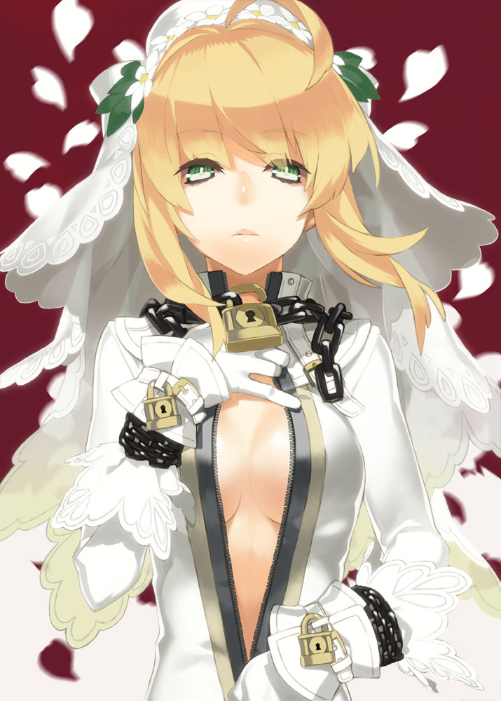 92m, ahoge, blonde_hair, blurry, breasts, center_opening, chain, chains