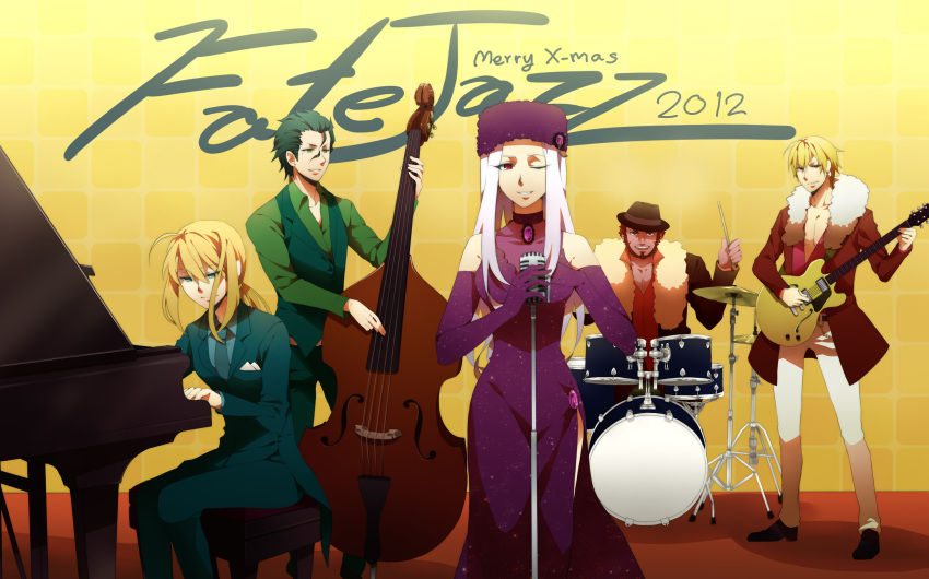 artist_request, bass_guitar, double_bass, dress, drum, elbow_gloves, electric_guitar, fate/stay_night, fate/zero, fate_(series), formal, gilgamesh, gloves, grand_piano, guitar, hat, highres, instrument, irisviel_von_einzbern, lancer_(fate/zero), microphone, microphone_stand, nashi_y, piano, rider_(fate/zero), saber, suit