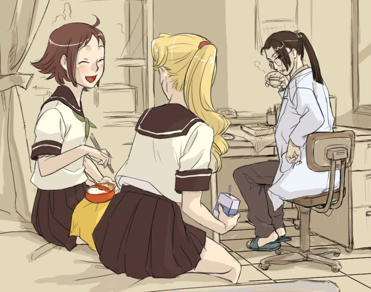 2girls, ahoge, angela_(harvest_moon), bed, black_hair, blonde_hair, brown_hair, chopsticks