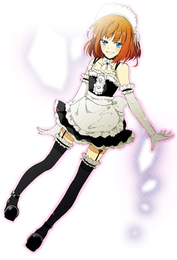 blue_eyes, bowtie, brown_hair, elbow_gloves, eva_beatrice, gloves, maid, masui