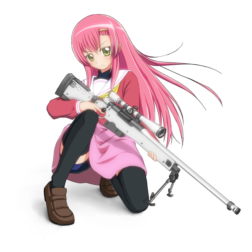 bike_shorts, bipod, bolt_action, doboru_(pixiv20862474), dress, gun, hayate_no_gotoku!, highres, katsura_hinagiku, long_hair, one_knee, pink_dress, pink_hair, rifle, scope, simple_background, sniper_rifle, solo, thigh-highs, thighhighs, trigger_discipline, weapon, white_background