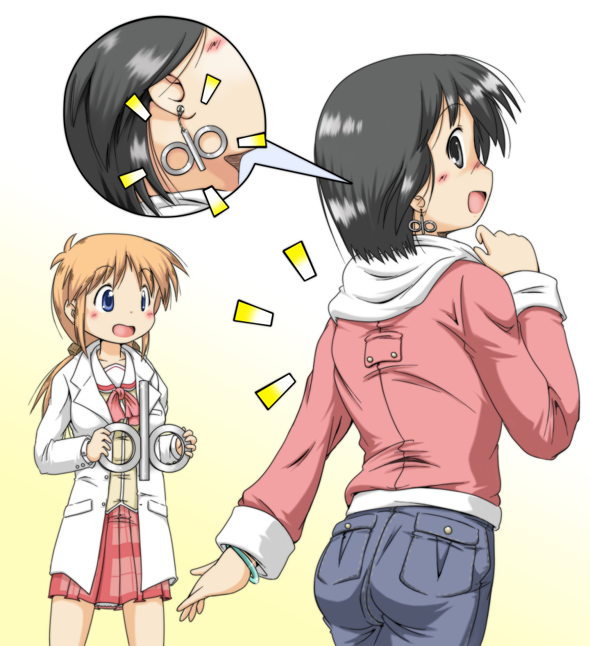 adult, black_eyes, black_hair, blue_eyes, earrings, gaketsu, hair_cubes, hair_ornament, hakase_(nichijou), highres, jewelry, jewlery, labcoat, multiple_girls, nichijou, orange_hair, professor_shinonome, shinonome_nano, short_hair, skirt, smile, teenage, twintails, winding_key