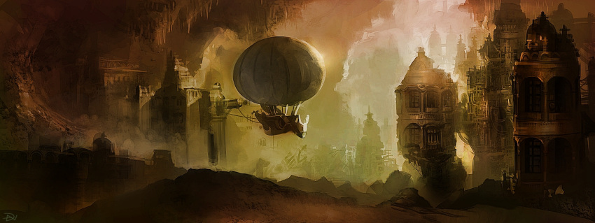 :dan, architecture, blimp, cave, dannoura_yuuki, dirigible, scenery