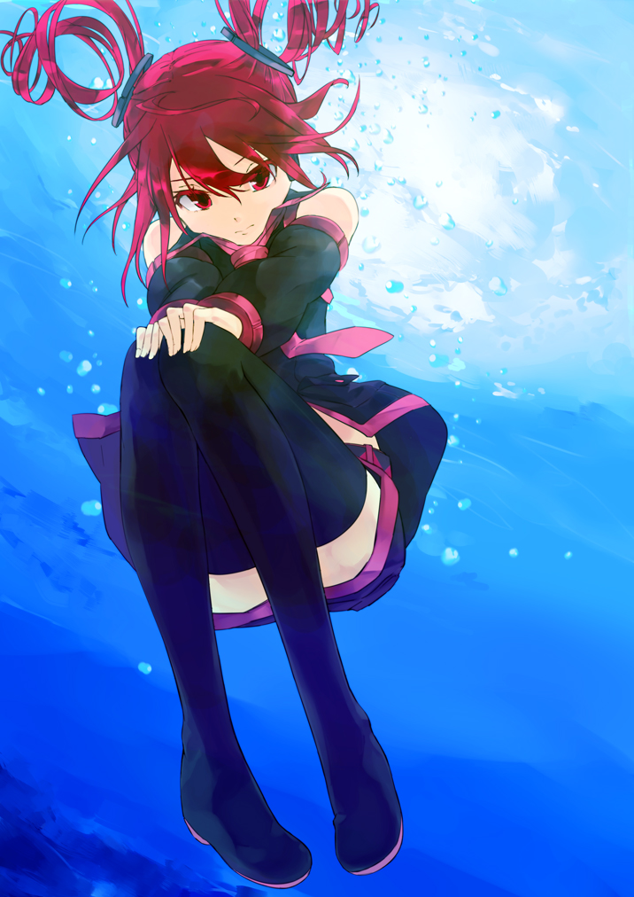 ashuho, bare_shoulders, black_legwear, boots, bubble, colored_eyelashes, detached_sleeves, drill_hair, floating_hair, kasane_teto, looking_at_viewer, red_eyes, red_hair, redhead, short_hair, solo, thigh-highs, thigh_boots, thighhighs, twin_drills, twintails, underwater, utau, zettai_ryouiki