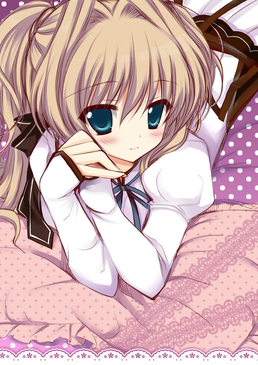 aqua_eyes, blonde_hair, blush, hair_ribbon, highres, ichigohou, long_hair, lying