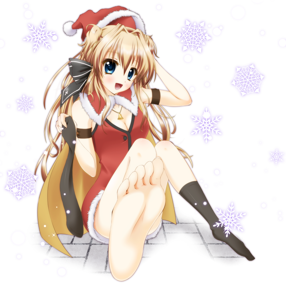 :d, aruha, barefoot, bell, blonde_hair, blue_eyes, blush, breasts