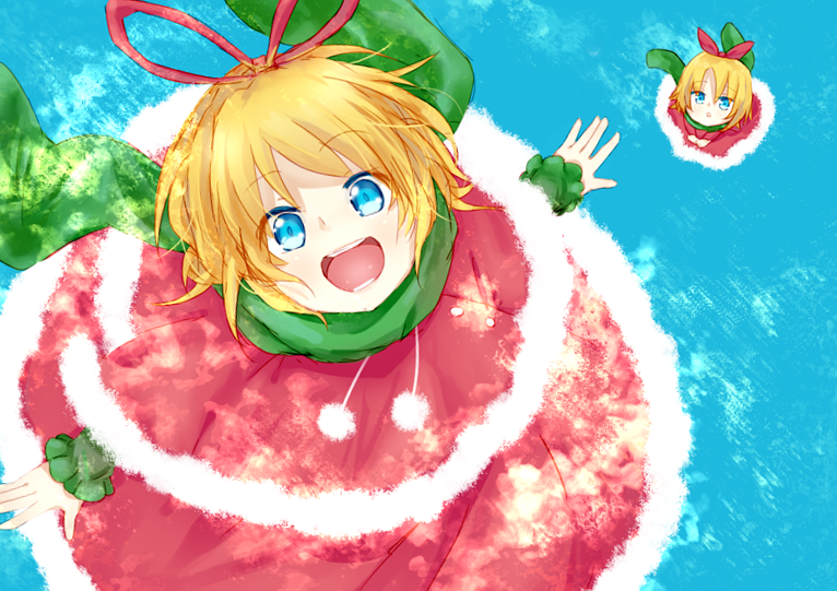 :d, :o, alternate_costume, blonde_hair, blue_eyes, bow, doll, dqn_(dqnww), dress, fur_trim, hair_bow, matching_su-san, medicine_melancholy, minigirl, open_mouth, outstretched_arms, scarf, short_hait, smile, solo, spread_arms, su-san, touhou