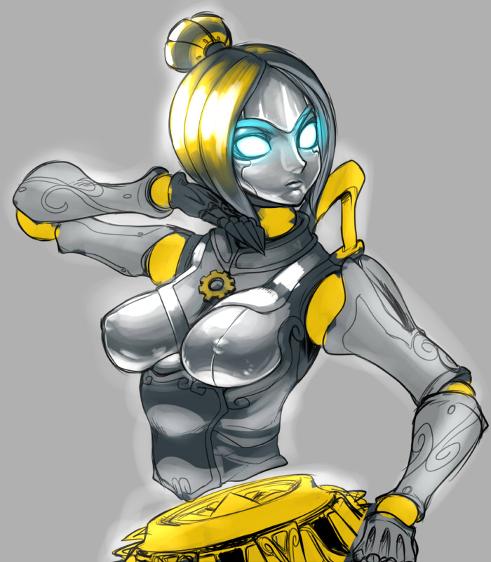 blonde_hair, blue_eyes, breasts, erect_nipples, fighting_stance, gears, glowing, glowing_eyes
