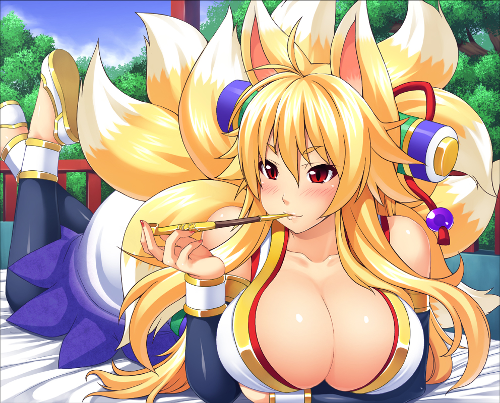 1girl, animal_ears, bare_shoulders, blonde_hair, blush, breasts, cleavage, detached_sleeves, female, fox, fox_ears, fox_tail, huge_breasts, izuna_(shinrabanshou), kiseru, light_smile, long_hair, lying, multiple_tails, nail_polish, on_stomach, pipe, red_eyes, shinrabanshou, solo, somejima, tail