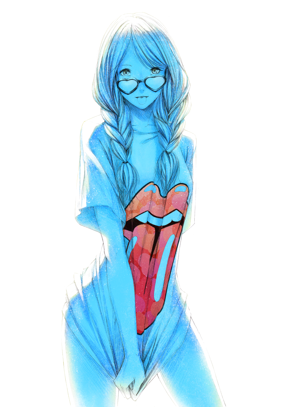 blue, bottomless, braid, covering, covering_crotch, glasses, heart, heart-shaped_glasses