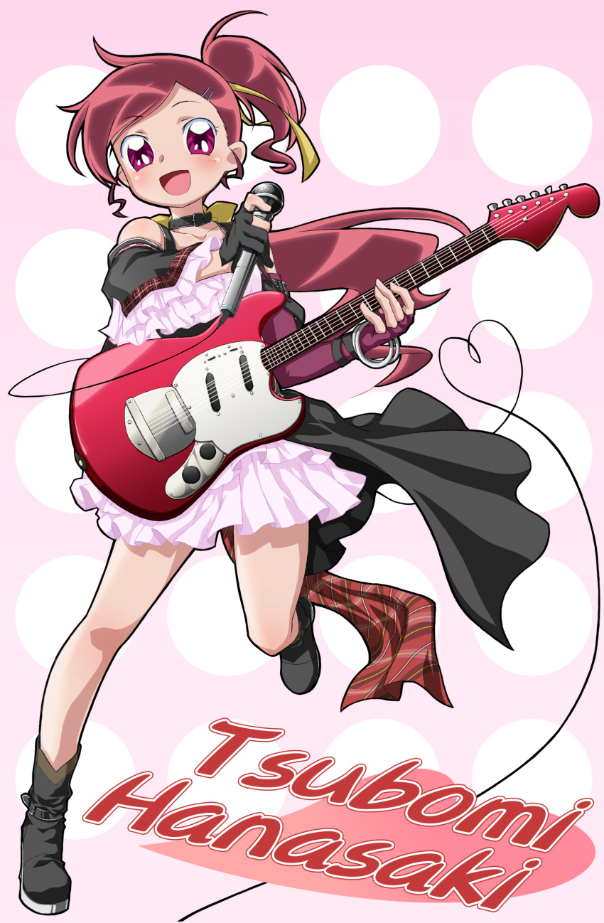 absurdres, alternate_costume, asymmetrical_clothes, asymmetrical_clothing, bare_legs, bracelet, character_name, dam_(artist), elbow_gloves, electric_guitar, fingerless_gloves, gloves, guitar, hair_ribbon, hanasaki_tsubomi, heart, heart_of_string, heartcatch_precure!, highres, instrument, jewelry, long_hair, microphone, pink_eyes, ponytail, precure, red_hair, redhead, ribbon, single_elbow_glove, single_glove, skirt, solo
