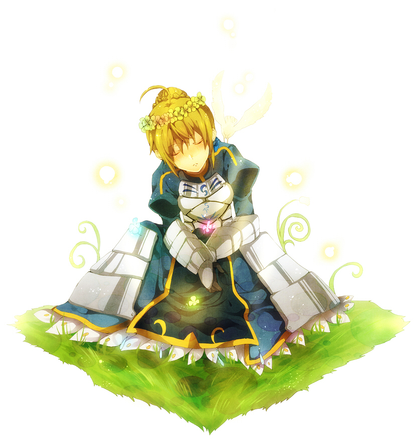 1girl, ahoge, armor, blonde_hair, butterfly, closed_eyes, daradara2, dress, eyes_closed, fate/stay_night, fate_(series), flower, garland, gauntlets, grass, hair_ribbon, head_wreath, ribbon, saber, smile, solo, wreath
