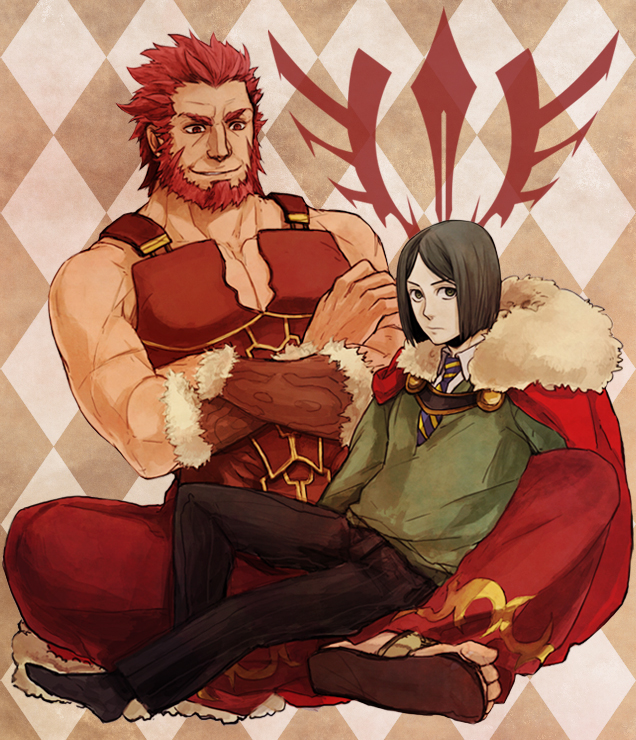 argyle, argyle_background, armor, bangs, bare_shoulders, beard, black_eyes, black_hair, cape, command_spell, crossed_arms, facial_hair, fate/stay_night, fate/zero, fate_(series), imanatsu, male, multiple_boys, necktie, parted_bangs, red_eyes, red_hair, redhead, sandals, short_hair, waver_velvet