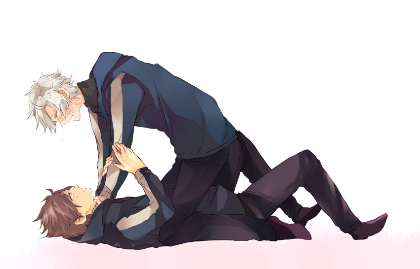 black_hair, choking, dual_persona, eye_contact, fate/stay_night, fate/zero, fate_(series), goro_nyanko, gorogoronyanko, highres, hoodie, looking_at_another, male, matou_kariya, multiple_boys, pants, shoes, simple_background, sitting, sitting_on_person, strangling, tears, white_background, white_hair