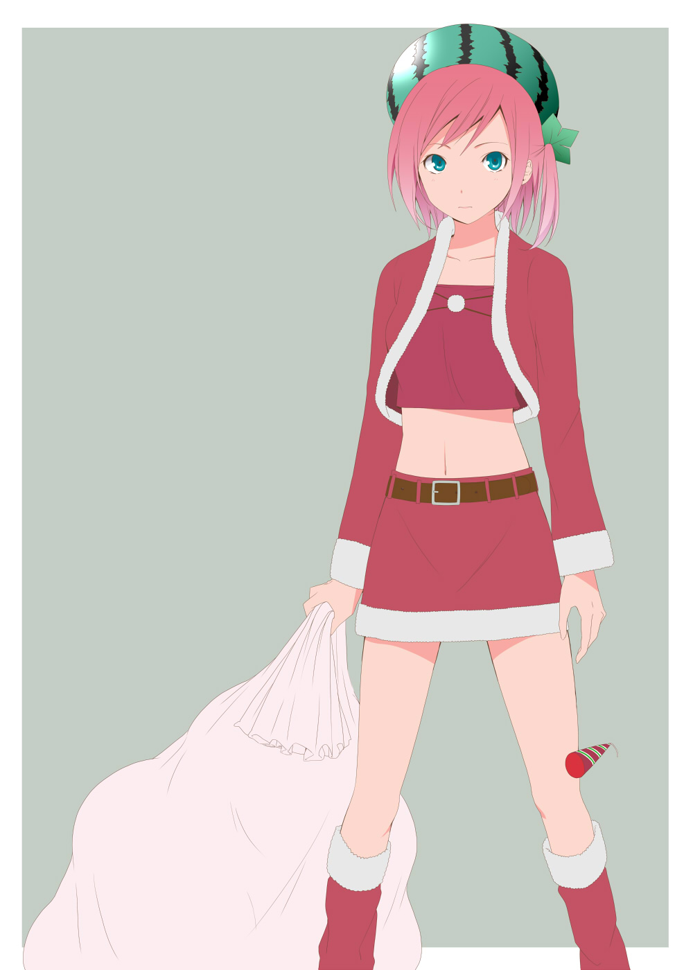 bad_id, belt, blue_eyes, character_request, christmas, collarbone, hat, highres, holding, jacket, looking_at_viewer, melan_collie, midriff, navel, nishiuri_warito, pink_hair, sack, short_hair, side_ponytail, simple_background, skirt, solo, standing
