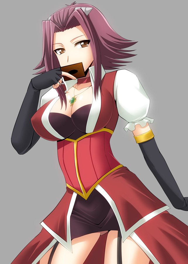 breasts, brown_eyes, card, choker, cleavage, collar, elbow_gloves, fingerless_gloves, garter_straps, gloves, hair_ornament, izayoi_aki, jewelry, large_breasts, miniskirt, necklace, playing_card, pzeros, red_hair, redhead, short_hair, skirt, smile, solo, thighs, yu-gi-oh!, yugioh_5d's, yuu-gi-ou, yuu-gi-ou_5d's, yuu-gi-ou_5d's, zerosu_(take_out)
