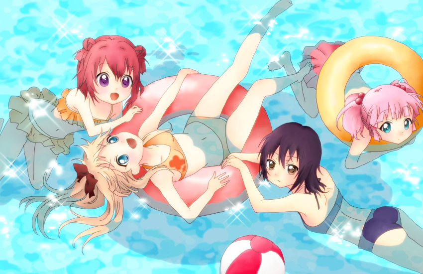 10s, 4girls, :d, akaza_akari, ball, beachball, bikini, black_hair